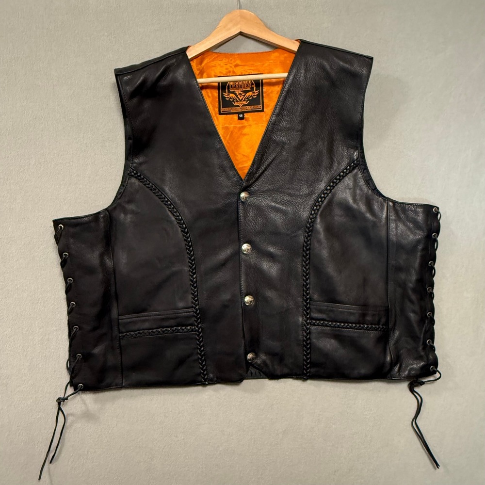 Milwaukee Premium Leather Concealed Carry Pockets Buffalo Snap Vest Men 56 - Picture 6 of 16